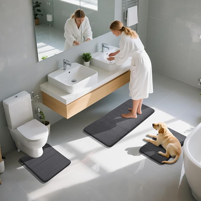 Yimobra 3 Pieces Memory Foam Bath Mat Set with U-Shaped Toilet Rug - Non Slip Super Soft Absorbent Quick Dry Bathroom Rugs for Bathtub, Vanity & Toilet Base, Dark Gray