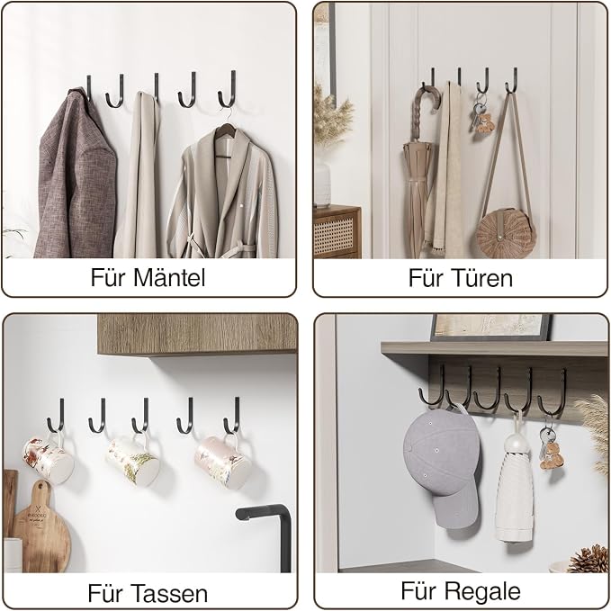10-Pack Wall Hooks for Hanging Towel/Coat - 22LB Screw in Metal Hanger Wall Mount, for Outdoor, Closet, Door, Bathrooms, for Backpack, Robe, Black