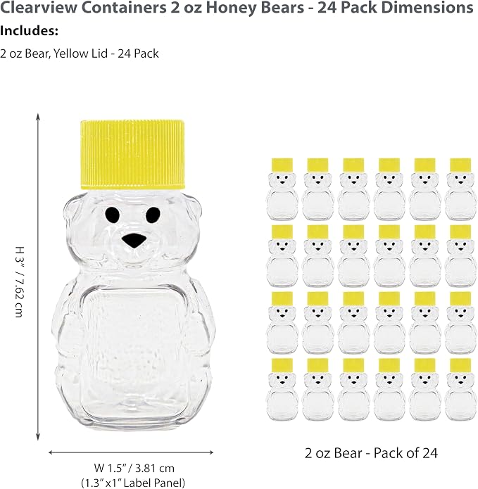 2 Ounce Honey Bears with Sealable Yellow Screw Top Lid - 24 Pack (2 oz. bear, 24pk, yellow)