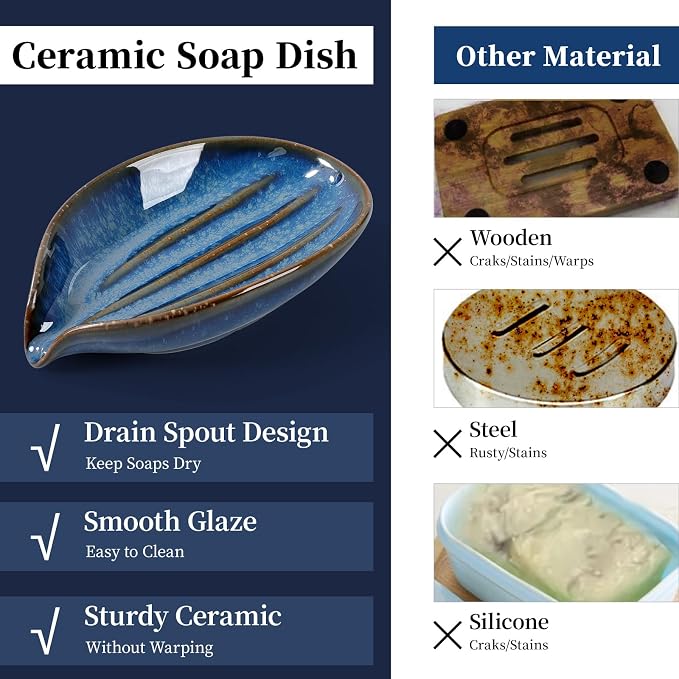 Soap Dish, Self-Draining Soap Holder, Leaf Shape Ceramic Bar Soap Holder Drain Soap Dishes for Bathroom Sink Kitchen, Easy to Clean Keeps Soap Dry, Blue, ANTIS'S HOME