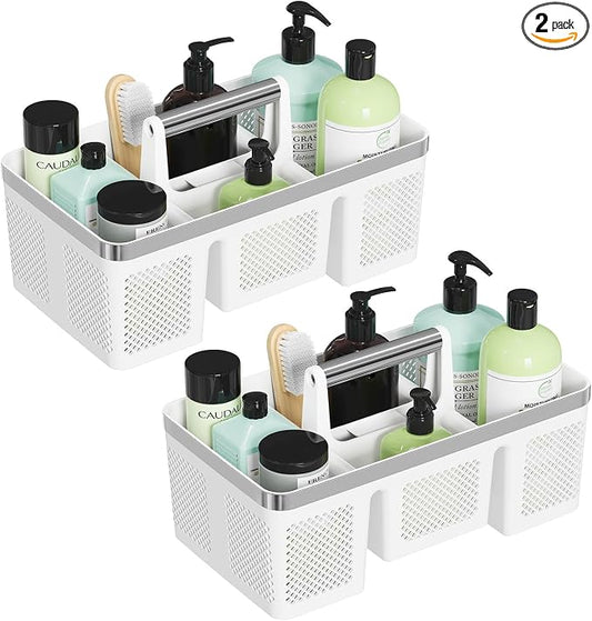 BYUNER 2Pack Plastic Shower Caddy: Portable Shower & Bathroom Caddy Tote with Handle, 4 Divided Compartments, Hard Plastic Shower Basket with All-Side Drainage for College Dorm Room Essentials