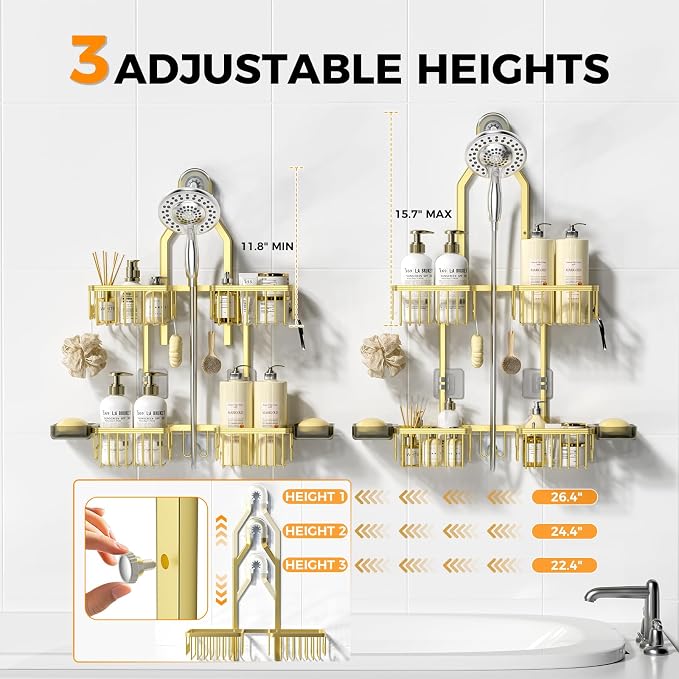 Adjustable Aluminum Shower Caddy Hanging for Handheld Showerhead, Gold | Rustproof Aluminum, Shower Organizer, Anti-Slip, Quick-Drain Shelf, 40lbs Capacity, Suction Cups, 8 Hooks, Razor Soap Holders