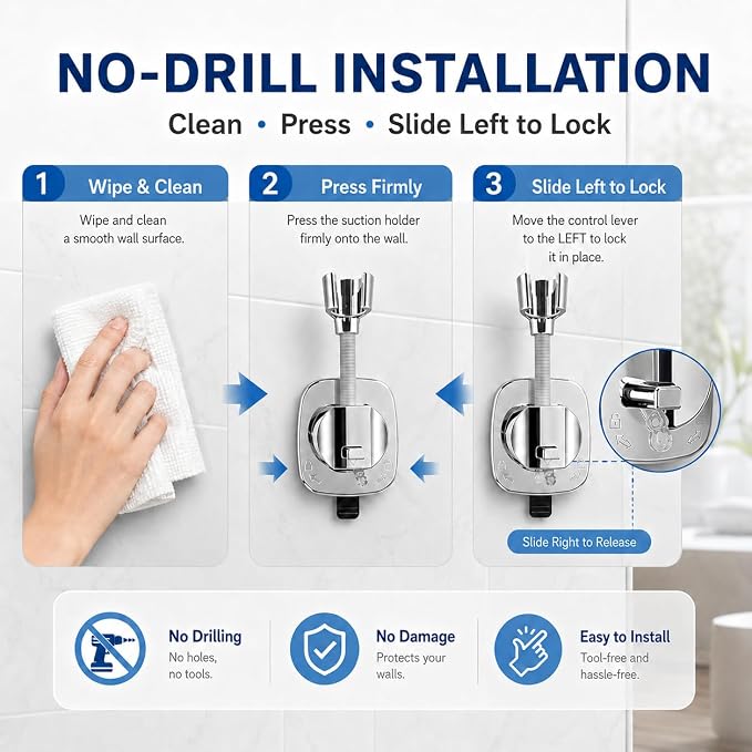Chrome Suction Shower Head Holder, No Drill Handheld Shower Wand Bracket with Adjustable Angle Removable Vacuum Holder for Smooth Tile Glass Marble Metal Fits Standard 1/2" Hoses