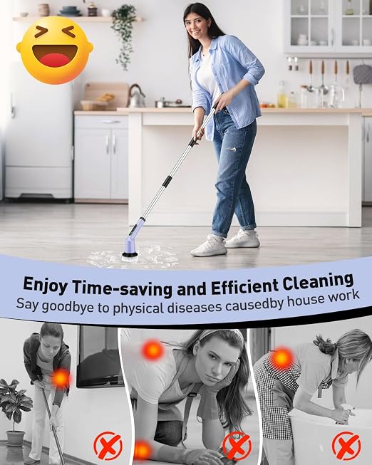 Electric Spin Scrubber for Bathroom, Shower Scrubber with Long Handle | Shower Cleaner Brushes, IPX7 Waterproof & 2 Speed, 8 Brush Heads, 90min Runtime, Bathroom Cleaning Supplies for Toilet Tub