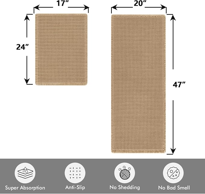 MIULEE Set of 2 Waffle Bathroom Rugs Boho Bath Mat Brown 17"x24"+20"x47" | Non Slip, Super Absorbent, Washable, Ultra Soft, Rubber Backed, Small Bath Rug and Bathroom Runner for Floor Tub Shower