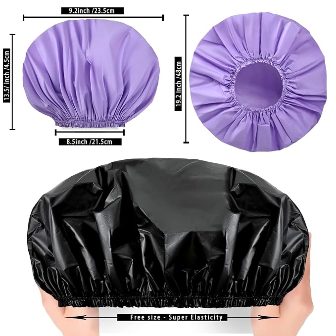 Super Jumbo Shower Cap for Women, 2 PCS Waterproof Hair Caps for Locs | Extra Large, Double Side Reusable PEVA Bath Cap, Washable, Holds Long Thick Twist Braid - Black + Purple