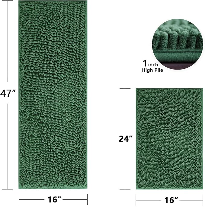 BOANKODU Bathroom Rugs Sets 2 Piece，47X16+16X24Inch，Absorbent Non-Slip Very Soft Chenille Mat,Machine Washable （Dark Green）