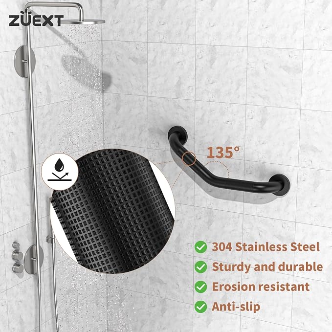 16 Inch Angled Grab Bar, ZUEXT Anti Slip Black Shower Grab Bar Handles, Stainless Steel Knurled Bathroom Balance Bar, Safety Hand Rail Support,Handicap Elderly Injury Senior Assist Bath Handle