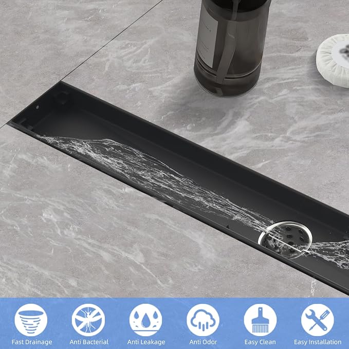 Linear Shower Drain ，with Tile Insert Panels ，18 Inch Black 304 Stainless Steel Rectangle Shower Floor Drain，with Hair Catcher, Adjustable Feet，Fits Bathroom, Balcony