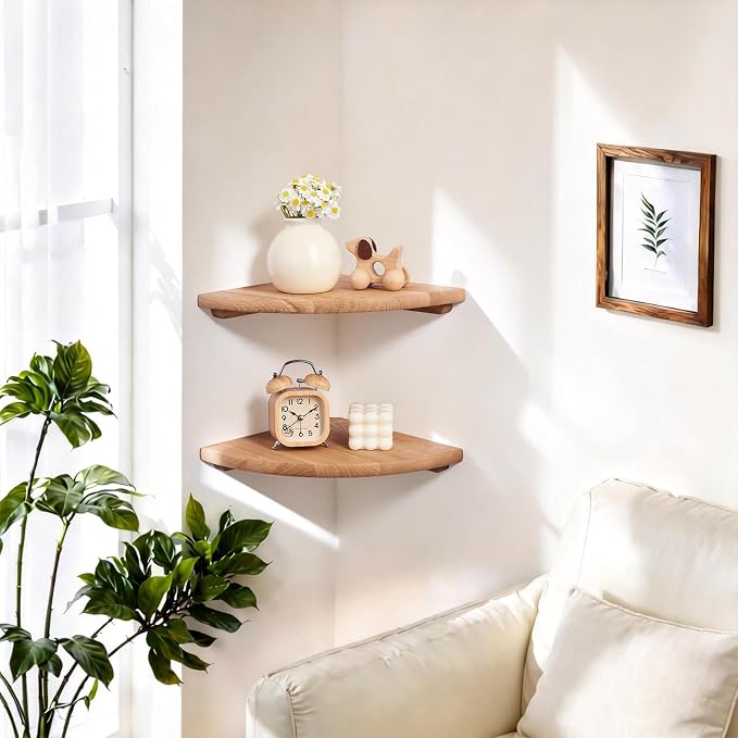 Gieanoo Floating Corner Shelves for Wall Set 2 16inch Solid Oak Rounded Corner Shelves Wall Mounted with Cable Hole Wood Corner Hanging Shelves for Living Room Bedroom Bathroom Kitchen