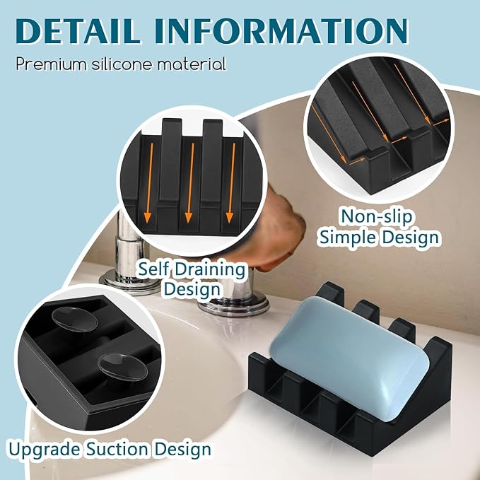 Silicone Soap Dish Self Draining with Suction Cups (Black, 1 Pack) | Waterfall drainage design drains fast to keep soap dry silicone soap saver with reusable suction cups for bathroom & kitchen