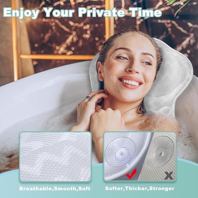 Bath Pillow for Tub,Bathtub Pillow,Bath Pillows for tub Neck and Back Support,4D Mesh Fabric Strong Suction Waterproof Relaxing Headrest,Bath Accessories Spa Gifts