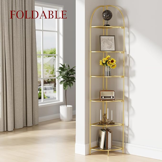 Crofy Foldable 6 Tier Corner Shelf, Metal Corner Plant Stand with Gold Frame and Transparent Shelves, Corner Display Rack Multipurpose Shelving Unit for Living Room, Bedroom, Bathroom