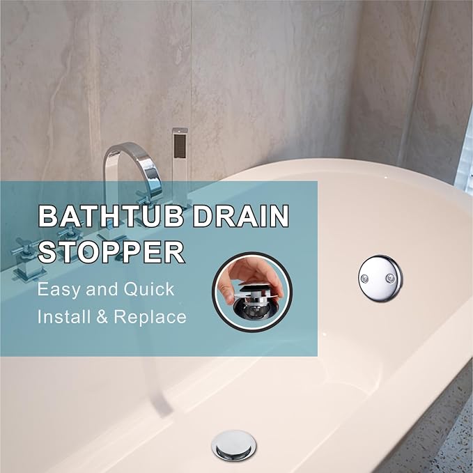WELSAN Chrome Bathtub Drain Stopper, Universal Pop Up Tub Drain Stoppers Replacement Tip Toe and Lift and Turn with 2-Hole Overflow Face Plate Cover, EZ Bathtub Plug