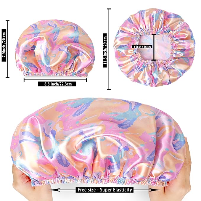 Shower Caps for Women, 4 PCS Reusable Waterproof Bath Cap | Double Layer, Washable, Wide Elastic Band, Holds Long Hair, Caps for Bath Accessories, Spa, Travel Home - Watermelon