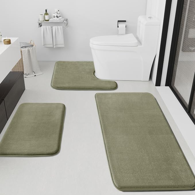 Bathroom Rugs Sets 3 Piece, Non-Slip & Quick Dry Bath Mat Set, Ultra Soft Velvet Bath Rugs for Bathroom, Toilet and Shower Floor, Olive Green