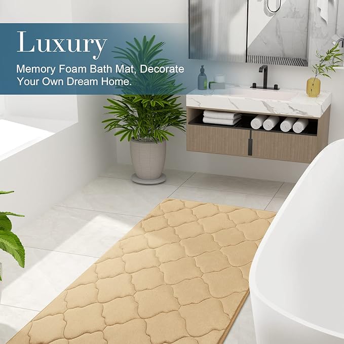 OLANLY Memory Foam Bath Mat Rug 30x20, Ultra Soft and Absorbent Bathroom Rugs, Non-Slip, Comfortable, Machine Washable Bath Carpet for Bathroom Floor, Tub, Shower and Home Decor Accessories, Beige | Thick Absorbent Carpet, Non-Slip Backing, Machine Was...