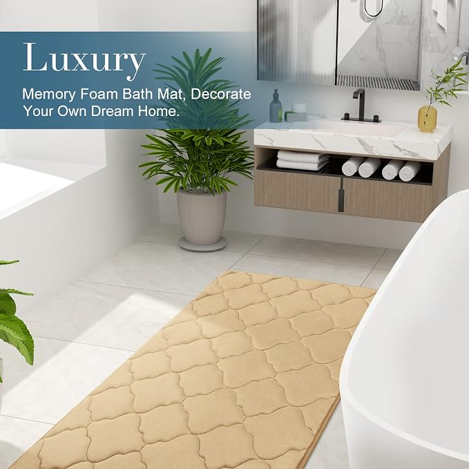 OLANLY Memory Foam Bath Mat Rug 47x17, Ultra Soft Bathroom Rugs, Beige | Thick Absorbent Carpet, Non-Slip Backing, Machine Washable, for Bathroom Floor, Tub, Shower and Home Decor Accessories