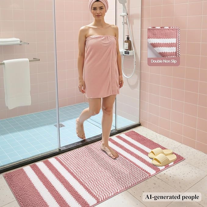 Bathroom Rugs Sets 2 Piece, Non Slip Striped Bath Mats, Dusty Pink | 20"x47" Plus 16"x24"，Soft Absorbent Chenille, Quick Dry Machine Washable, Shower Rug for Bathroom Floor, Tub, Bedroom Decor