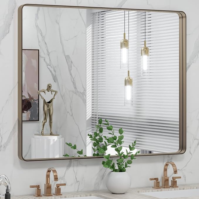 LOAAO 40"X32" Bronze Bathroom Mirror | Rounded Rectangle, Brushed Bronze Metal Frame, Anti-Rust, Tempered Glass, Hangs Horizontally or Vertically