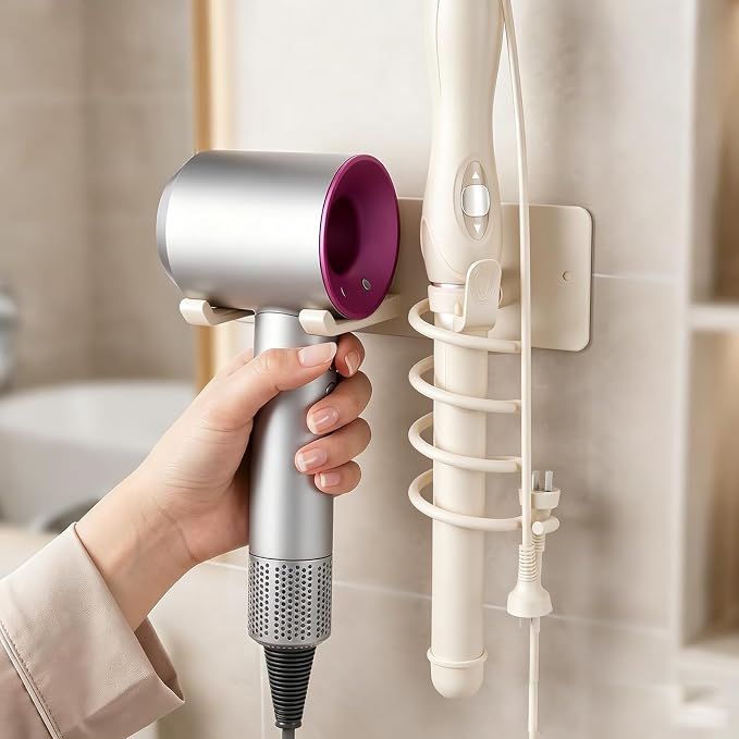 2-in-1 Wall Mount Hair Tool Organizer Hair Dryer Holder, White | Universal storage rack for blow dryer and curling iron in bathroom