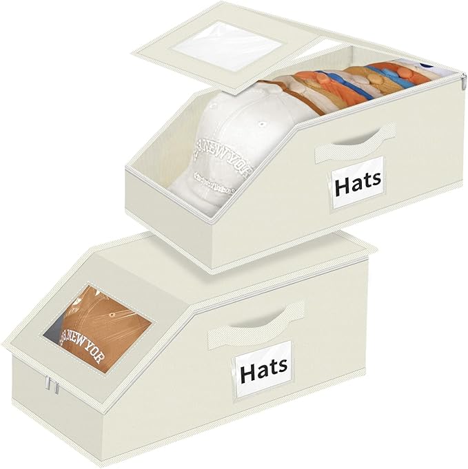 Aokeyee Hat Organizer for Baseball Caps - 2PCS Stackable Storage with Clear Window Lid, Flip-Top Access, Space-Saving Hat Box for Closet, Breathable Fabric (beige)