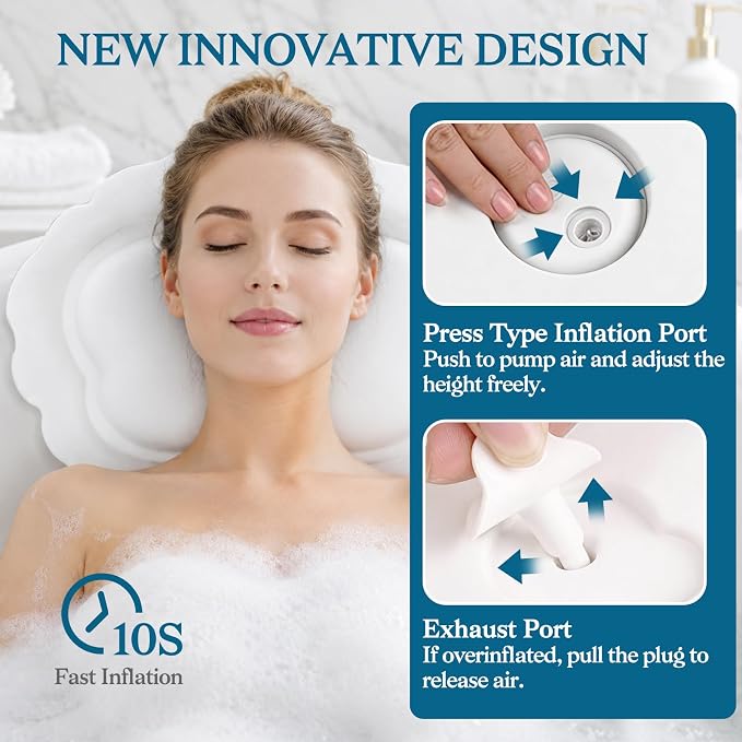 Bath Pillow for Tub, Inflatable Silicone Bathtub Pillow for Head & Neck Support, Adjustable 0-2.3" Height, 7 Strong Suction Cups, Waterproof, Quick-Drying, Luxury Spa Gifts (White)