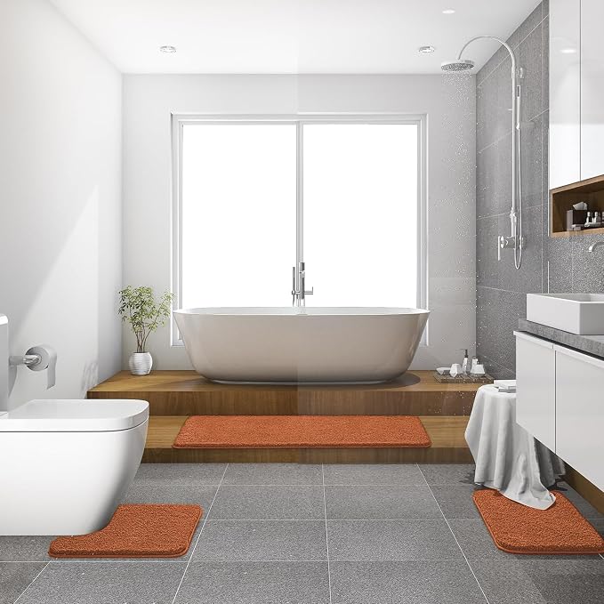 MIULEE Fall Burnt Orange Bathroom Rugs Set 2 Piece Bath Mats 20x20+20x30 | Absorbent Microfiber Bath Mat and U-Shaped Toilet Rug, Non Slip, Quick Dry, for Bathroom Floor Tub Showers, Machine Washable
