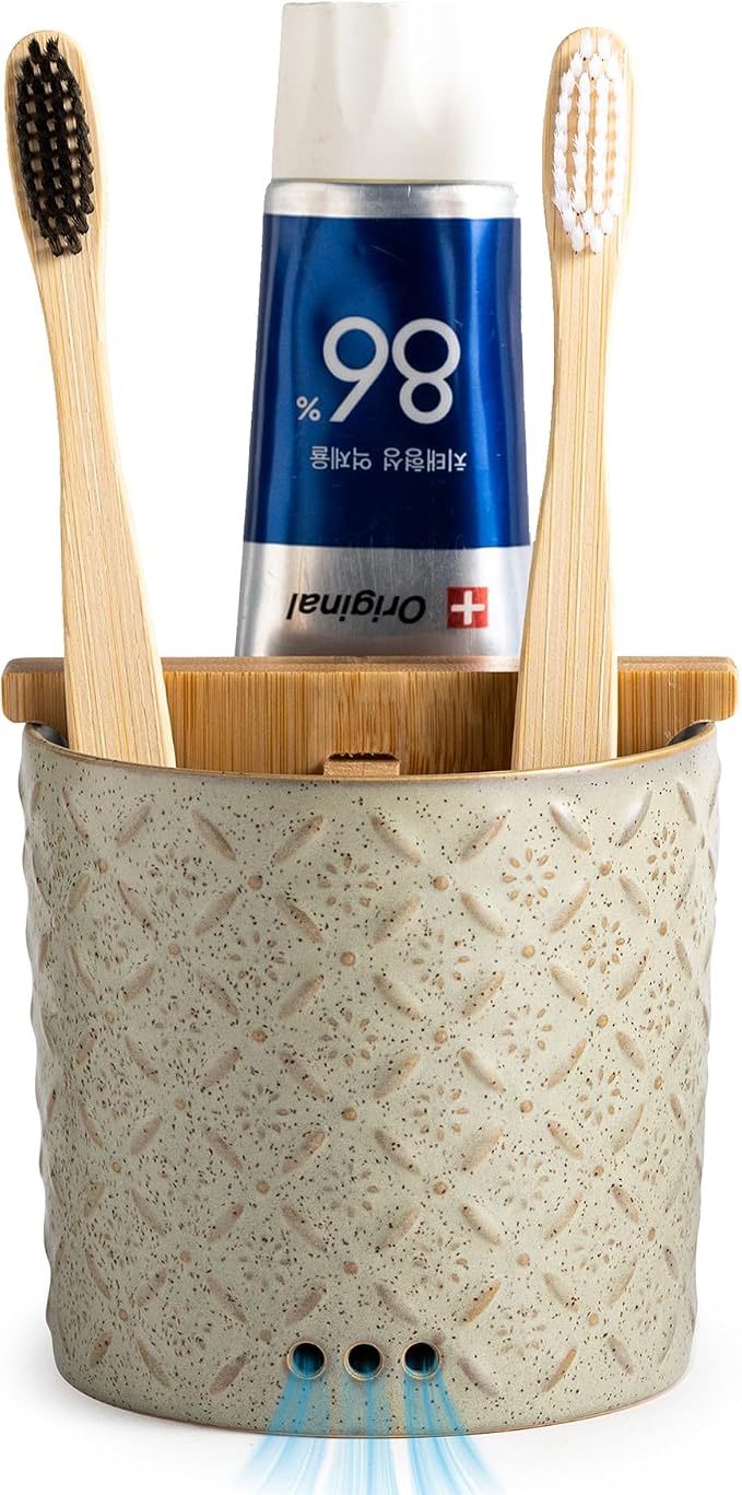 Zoeeker Toothbrush Holders for Bathroom with Drain Holes and Bamboo Divider | Ceramic Toothbrush and Toothpaste Holder, Detachable 3 Slots Electric Tooth Brush Cup Countertop Organizer for Family, Green