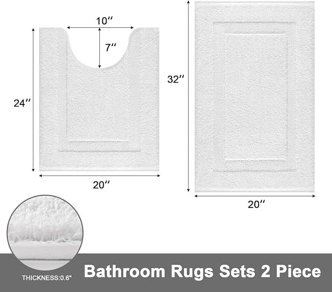 SHACOS Soft Microfiber Bathroom Rugs Set 2 Pieces with Toilet Rug | Absorbent Plush Bath Mat U Shaped Contour Bath Rug, Non Slip Washable Fluffy Bathroom Floor Mats, 32x20+24x20, White