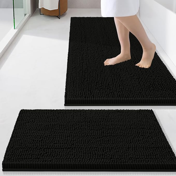 Smiry Chenille Bathroom Rugs Sets 2 Piece (34x21+24x16, Black) | Soft Absorbent Machine Washable Non Slip Shaggy Bath Rug Set for Tub, Shower, and Floor, Home Decor