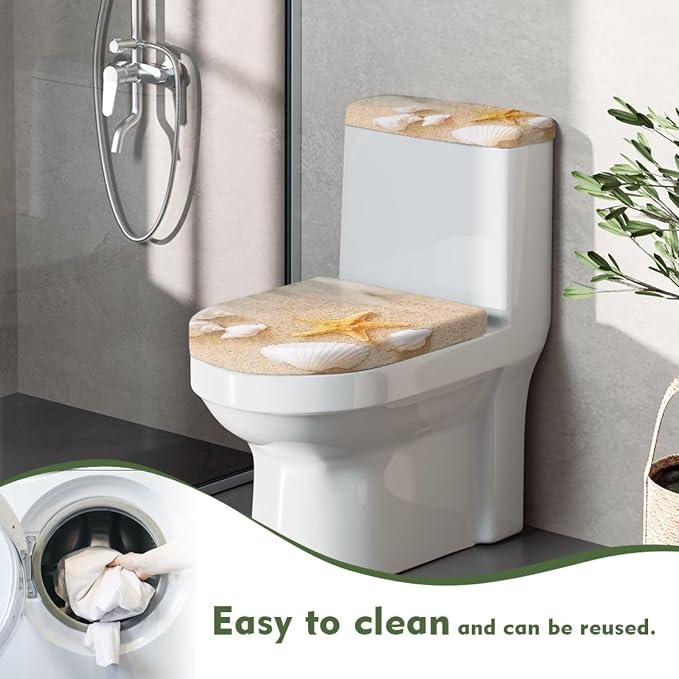Beach Starfish Toilet Cover Set of 2,Sea Shell Print Toilet Seat Lid Cover Round Elongated and Oblong Lids Portable for Bathroom Decorations