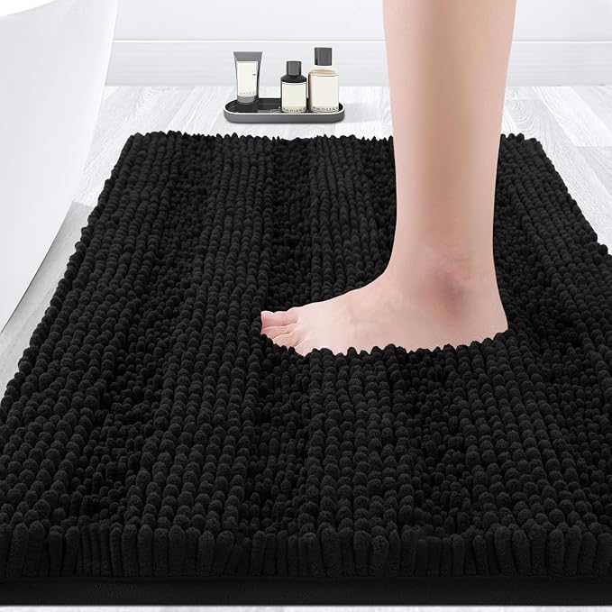 ACCUMTEK Striped Black Bathroom Rug Mat 36"x24" Ultra Soft, Non Slip Chenille Bath Rugs, Absorbent Plush Shaggy Bath Mats for Bathroom, Bedroom, Kitchen, Shower, Tub