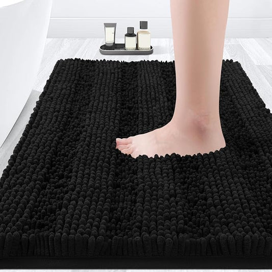 ACCUMTEK Striped Black Bathroom Rug Mat 32"x20" Ultra Soft, Non Slip Chenille Bath Rugs, Absorbent Plush Shaggy Bath Mats for Bathroom, Bedroom, Kitchen, Shower, Tub