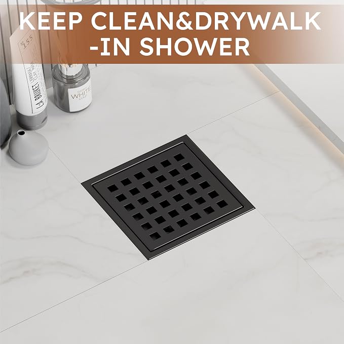4 Inch Square Black Shower Drain Kit with Flange & Lifting Hook, Modern Floor Drain with Removable Quadrato Pattern Grate, Stainless Steel SUS 304 (Matte Black, 4 Inch)