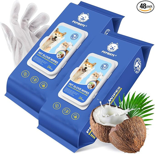 Pet Cleaning Glove Wipes for Dogs & Cats, Hypoallergenic Deodorizing Disposable No-Rinse Grooming Wipes, Wipes, Perfect for Pet Dry Cleaning, Daily Care and Travel, Coconut Scent, 48 pcs