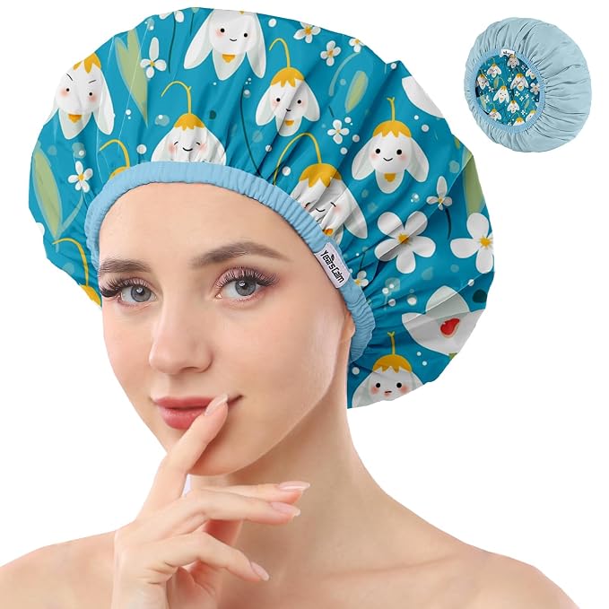 Years calm Shower Caps for Women Reusable Waterproof Double Layer Hair Cap | Both Sides Usable, Reversible Pattern & Solid Color Design, Soft Elastic Keeps Hair Dry for shower Spa Travel
