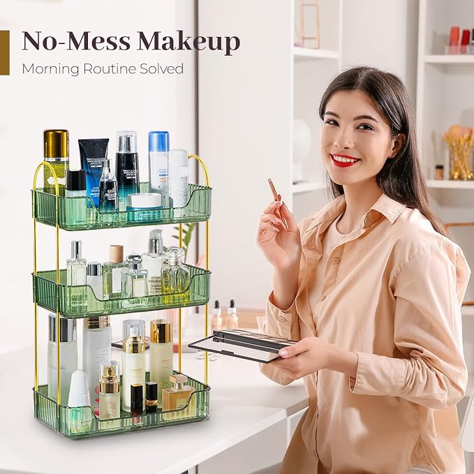 Aveniee Bathroom Counter Organizer, 3 Tier Perfume Skin Care Countertop Storage Shelf, Vanity Makeup Tray for Cosmetic Skincare Lotion,Green