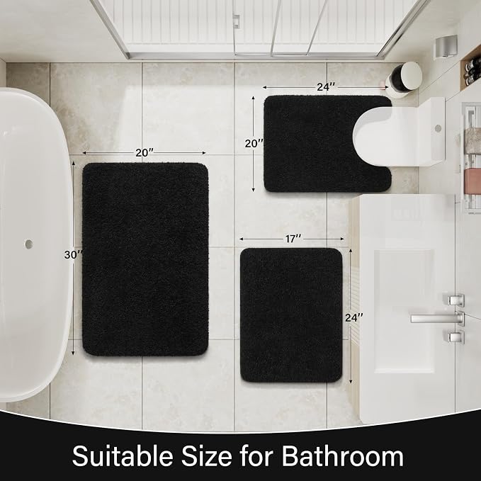 LOCHAS Bathroom Rugs Sets 3 Piece, Microfiber Bath Mat Set Non Slip, Black | Washable Absorbent Toilet Rug, Shaggy Soft Cozy Quick Dry