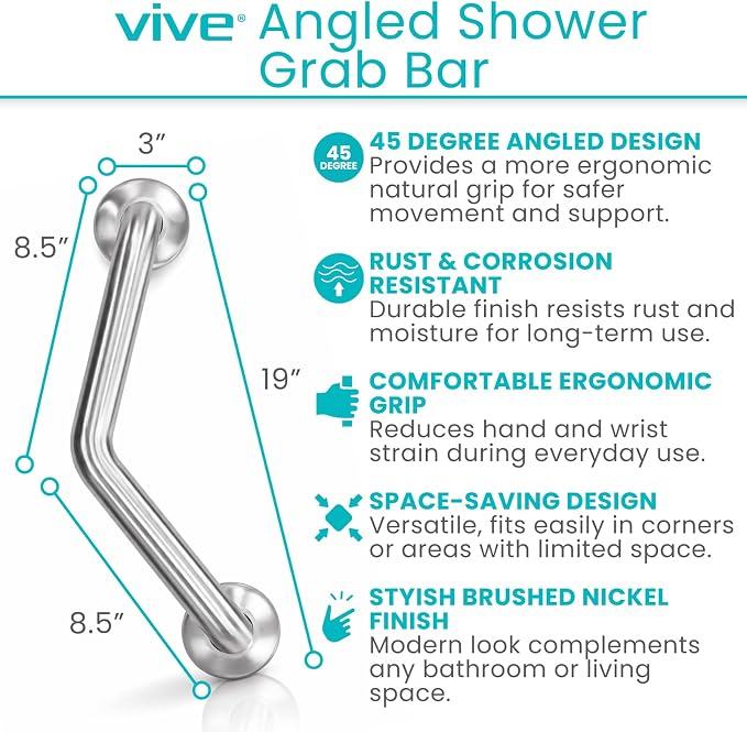 Vive Angled Shower Grab Bar (Supports 440lbs) - ADA Compliant Tub, Bathroom, Bathtub Safety Assist Rail for Handicap, Seniors, Elderly - 16in Grip Handle for Bath and Toilet - Brushed Nickel Finish