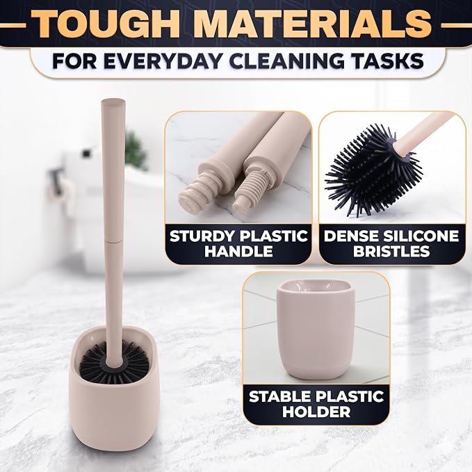 Silicone Toilet Brush and Holder Set - Cream RV Toilet Brush with Holder, Flexible Head, Soft Bristles, Detachable Handle and Freestanding Base, Compact Bathroom Cleaning Tool with Minimalistic Design