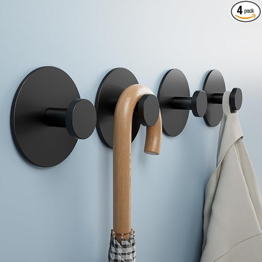 Wall Adhesive Hooks for Towel/Shower - No Damage Stick on Hanging Hook Heavy Duty for Bathroom, Door, Coat, Black 4 Pack