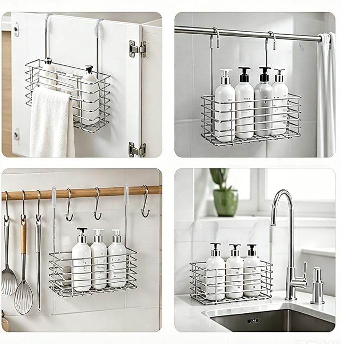 Antrader Hanging Shower Rack,Shower Caddy Hanging,Hung on the Faucet or the Door,the Back Hook Can be Rotated,No Drilling,304 Stainless Steel,Single Layer Shelf