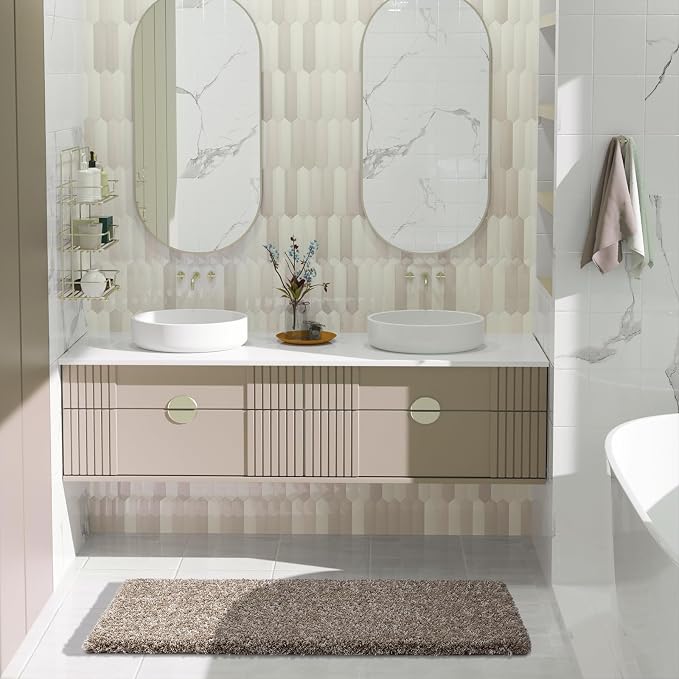 Yimobra Luxury Bathroom Rugs, Fluffy Bath Mats, Non Slip, Water Absorbent Microfiber, Machine Washable, Plush Runner Shower Rugs, Thick Matts for Bathroom Floor&Tub, 47" X 24", Light Brown and White