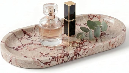 YKAJO Calacatta Viola Pink Oval Marble Tray, 9.8x4.7 Vanity Organizer Dish | Honed natural stone; jewelry & trinket dish, ring & key holder, soap & candle catchall; bath counter, dresser, coffee table