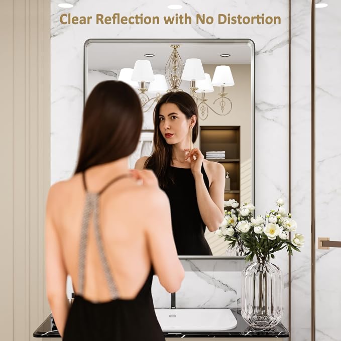 LOAAO 32X36 Inch Brushed Nickel Bathroom Mirror | Rounded Rectangle, Silver Metal Frame, Anti-Rust, Hangs Horizontally or Vertically, Tempered Glass