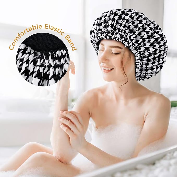 Shower Cap for Women Terry Lined Bath Cap Large Reusable Waterproof Elastic Black Houndstooth Shower Caps for Long Thick Hair Soft Bath Shower Hair Caps