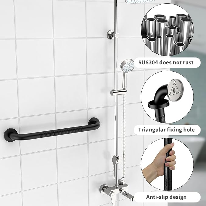 2 Pack 20 Inch Bathroom Grab Bar, ZUEXT Matte Black Safety Grab Bar w/Knurled Grip, Stainless Steel Anti-Slip Safety Handrail for Toilet, Shower, Bathtub, Wall Mounted Support Bar for Seniors Elderly