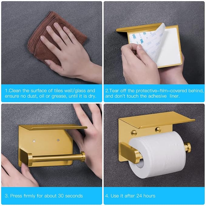 VAEHOLD Self Adhesive Toilet Paper Holder with Phone Shelf Stainless Steel Wall Mounted Toilet Paper Roll Holder - Rustproof and Bathroom Washroom Tissue Roll Holder with Storage Shelf - Gold