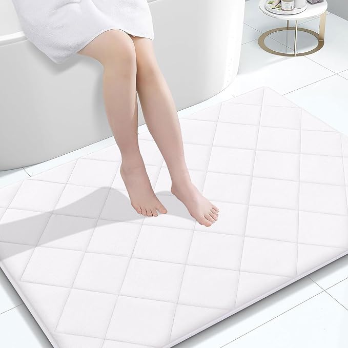 OLANLY Memory Foam Bath Mat 47x32, Ultra Soft and Absorbent Bathroom Rugs | White, Quick Dry, Machine Washable Shower Bath Rugs, Comfortable Bath Carpet for Bathroom Floor, Tub and Shower